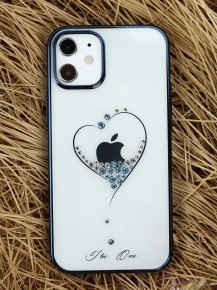 Луксозен твърд гръб оригинален KINGXBAR кристално прозрачен с камъни за Apple iPhone 12 mini 5.4 сърце със черен кант 